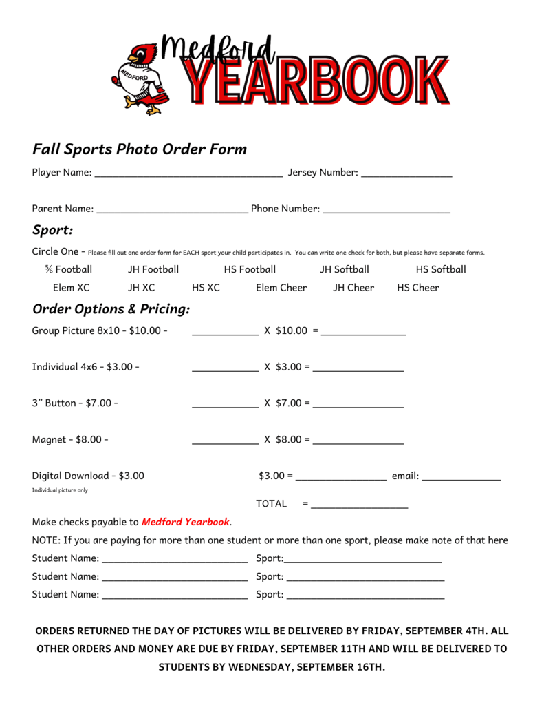 Fall Sports Order Forms