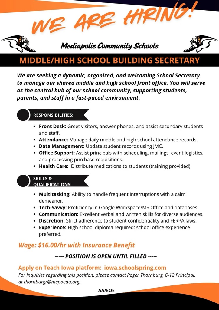 middle and high school secretary position