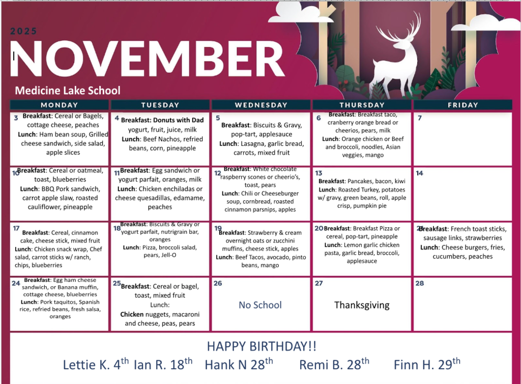 November 2025 Monthly Menu