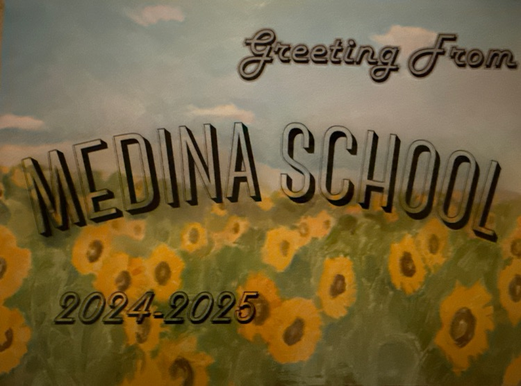 yearbook cover in post card style with sunflowers and greetings from Medina