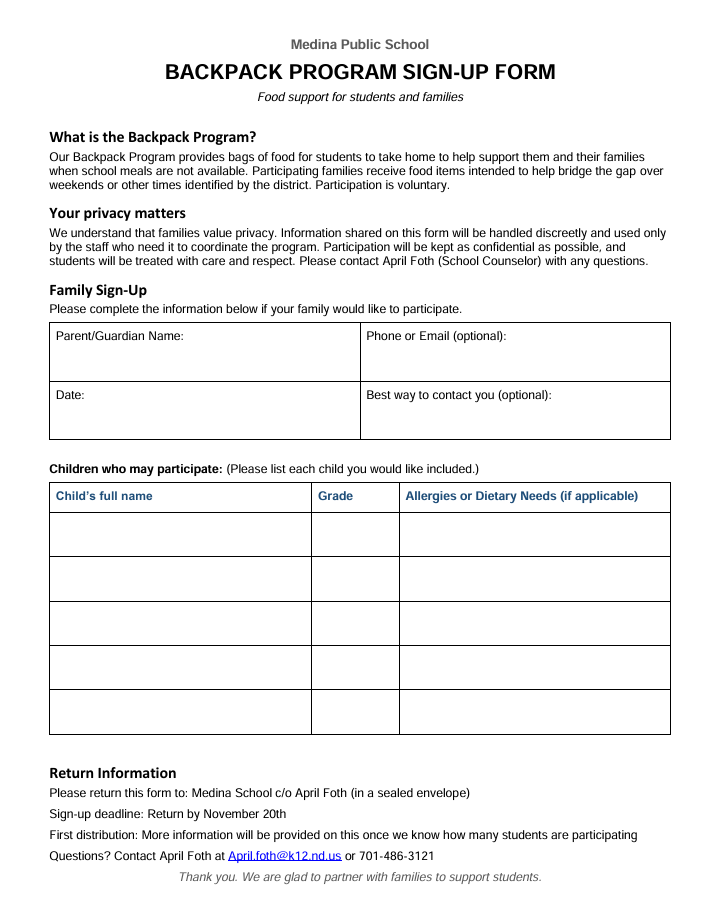 Backpack Program Sign Up Form