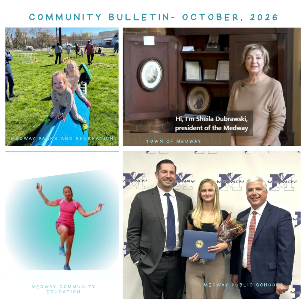Graphic titled "Community Bulletin - October, 2026" featuring four panels representing Medway Parks and Recreation, Town of Medway, Medway Community Education, and Medway Public Schools.