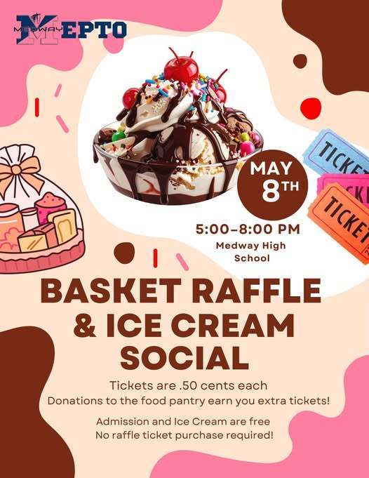 Event flyer for the MEPTO Basket Raffle & Ice Cream Social on May 8th from 5:00–8:00 PM at Medway High School. The graphic features a large ice cream sundae with chocolate syrup, sprinkles, and cherries, alongside illustrations of a gift basket and raffle tickets. Text states that admission and ice cream are free, and raffle tickets are .50 cents each. Donations to the food pantry earn extra tickets. The caption notes that PreK-6th class baskets are in production and includes a volunteer sign-up link.