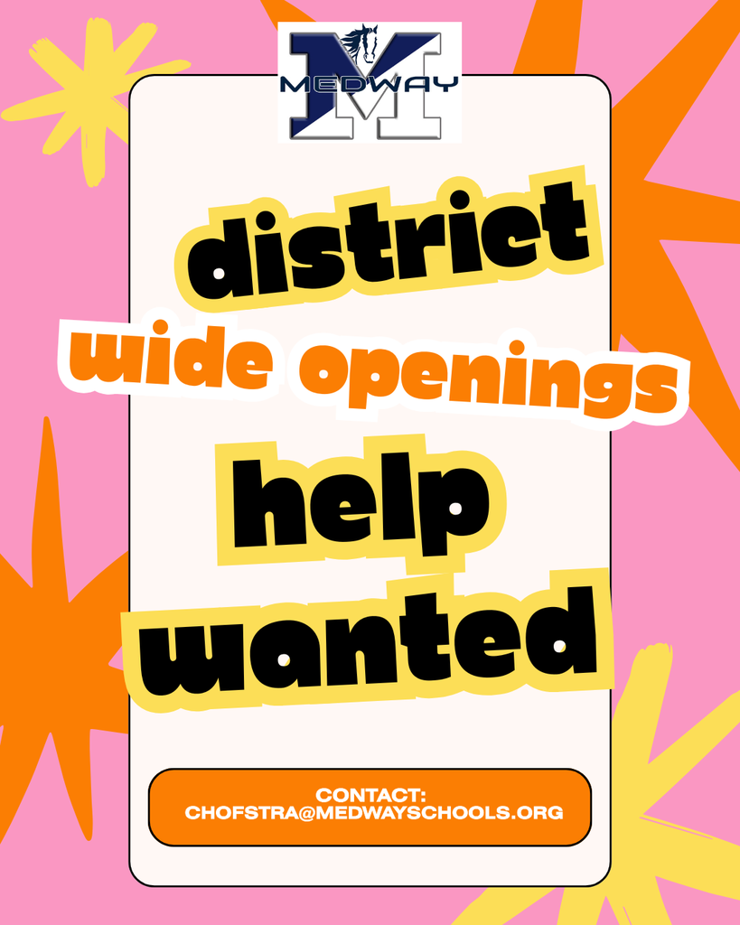 Employment recruitment graphic for Medway Public Schools. The image features a clean, light blue background with three circles containing photos of staff members and students in a classroom setting. Bold navy blue text reads: 'We are hiring! District-wide openings.' The Town of Medway seal is featured at the top. The caption notes that many openings are available throughout the district and directs interested candidates to a link to view positions that match their credentials.