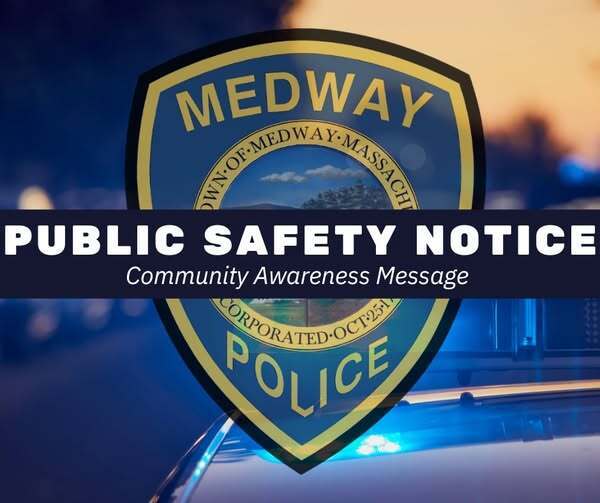 Graphic featuring a Medway Police badge over a blurred background of police lights and an emergency vehicle. A dark banner across the center reads “Public Safety Notice” with the subtitle “Community Awareness Message.