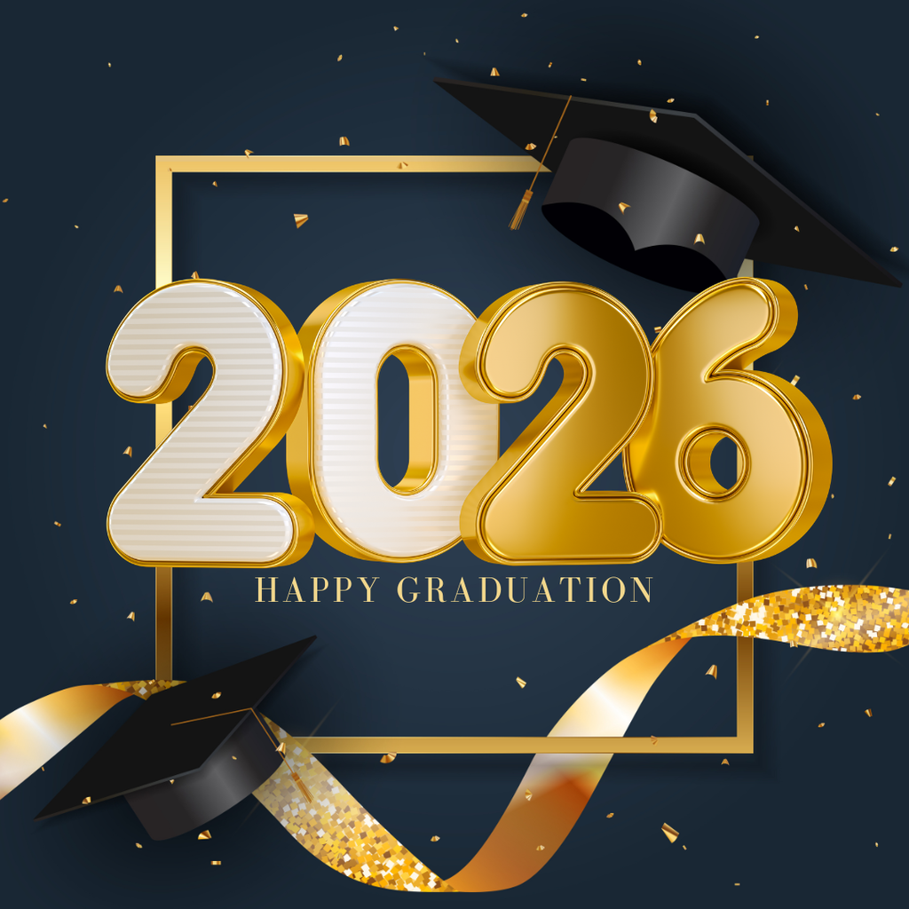 A celebratory graphic on a dark blue background features the large, 3D text "2026" centered within a gold frame. The numbers "20" are stylized with a white, ribbed texture, and "26" with a smooth, polished gold finish. Below the year, the text "HAPPY GRADUATION" is written in elegant gold lettering. Black graduation caps are positioned at the top right and bottom left, adorned with gold ribbons and falling gold confetti throughout the image. A sparkling gold fabric ribbon drapes across the bottom.