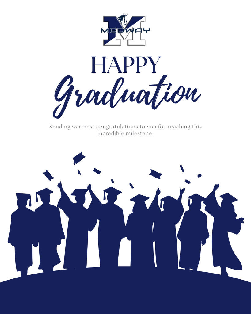 Graphic featuring the Medway "M" logo at the top, followed by the text, "HAPPY Graduation. Sending warmest congratulations to you for reaching this incredible milestone." Below the text is a dark blue silhouette of graduates throwing their caps into the air.