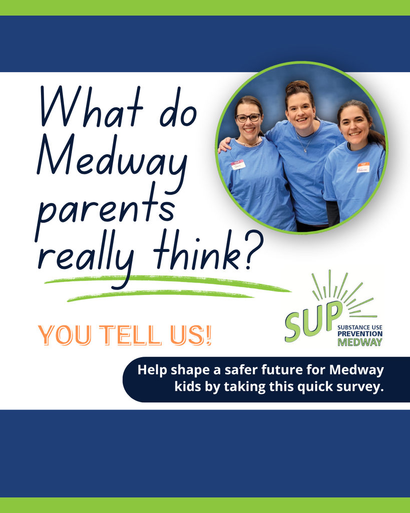 Graphic promoting a Medway parent survey about substance use prevention. The graphic features three smiling people in blue shirts, the SUP Substance Use Prevention Medway logo, and text encouraging Medway parents to take a quick survey to help shape a safer future for Medway kids.