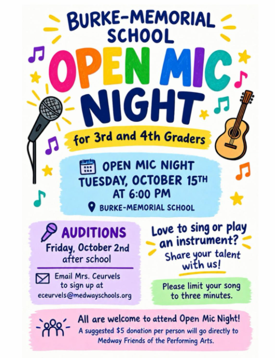 Event flyer for Burke-Memorial School Open Mic Night for 3rd and 4th graders on Tuesday, October 15th at 6:00 PM.