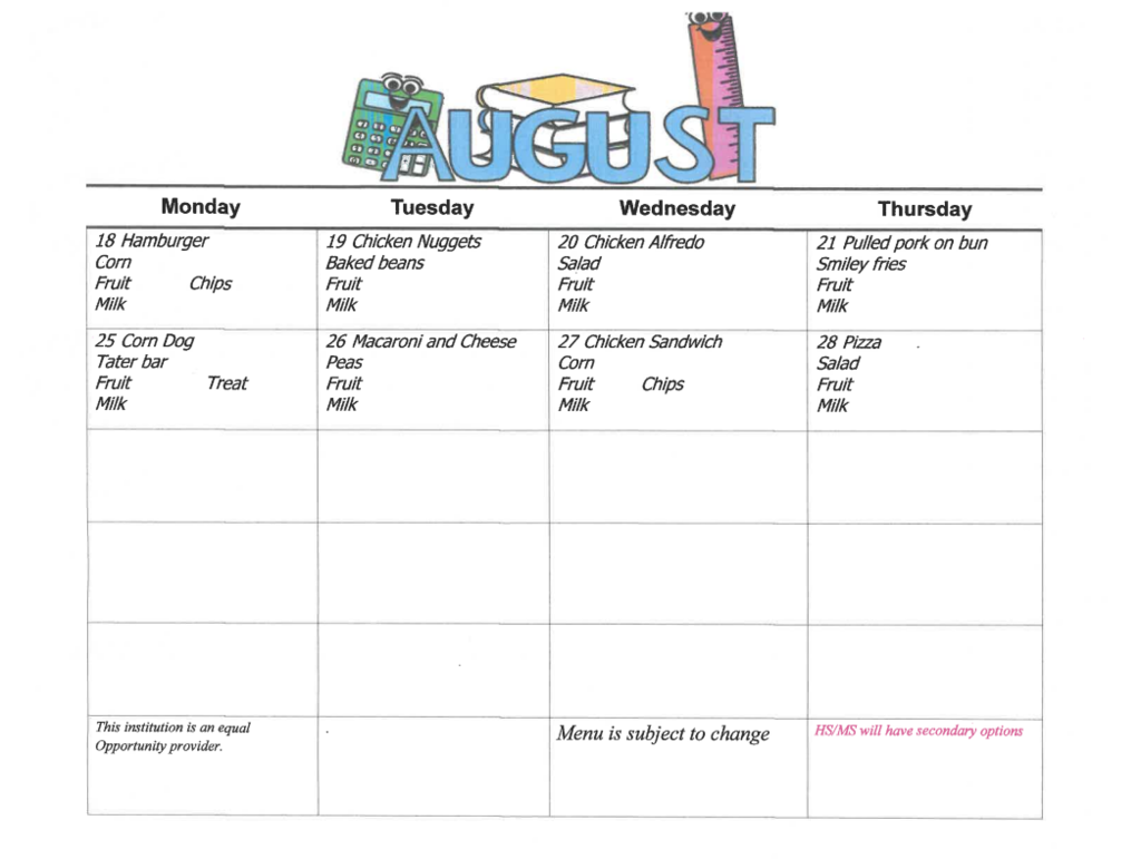 August Lunch Menu