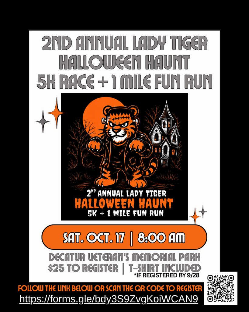 Flyer advertising a 5K race for the softball team with a tiger in a costume.