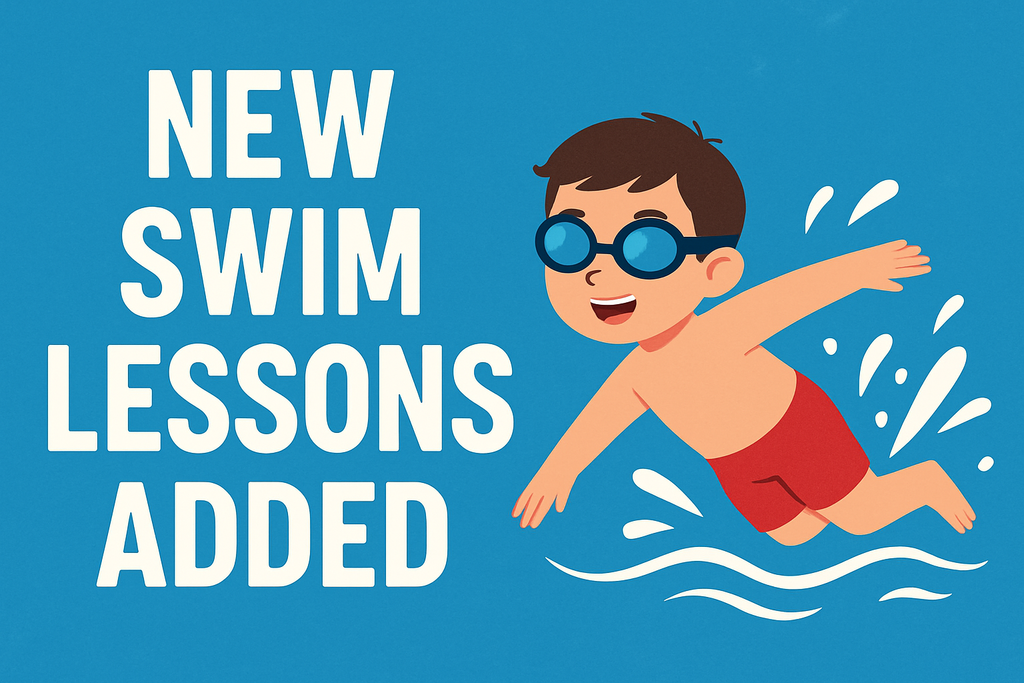 cartoon boy with swim googles on in water graphic with new swim lessons added