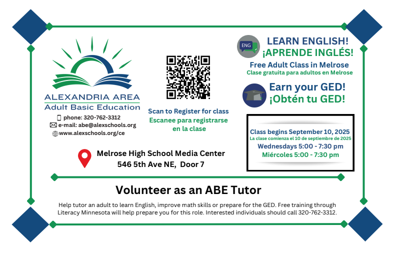 Adult Basic Education Class Flyer with QR code for registration. A volunteer is needed to help facilitate this class.