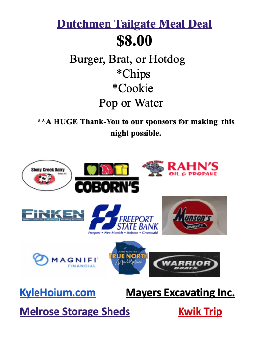 Tailgate Details - 9/12/25 - $8 meal of burger or hotdog, chips, cookie & pop or water