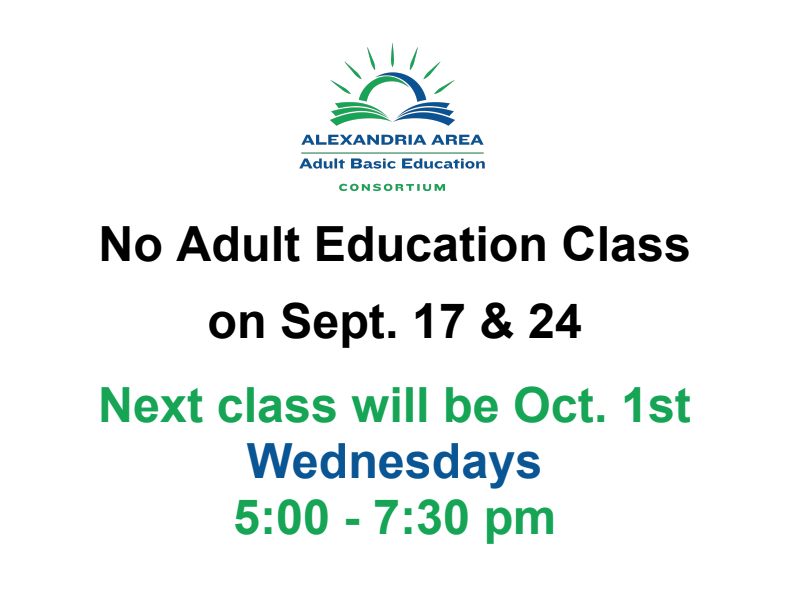 No Adult Basic Ed Class on Sept. 17 or Sept. 24; Next Class will be Oct. 1 from 5-7:30pm