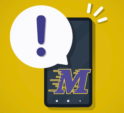 Cell phone with speech bubble and moving M