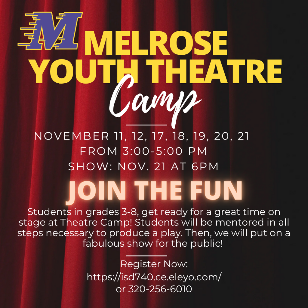 red curtain with Melrose Youth theater camp over it