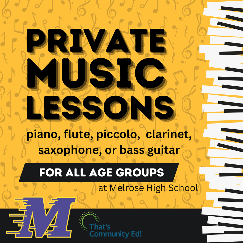 yellow background with music notes, moving M, piano keys on the right hand side