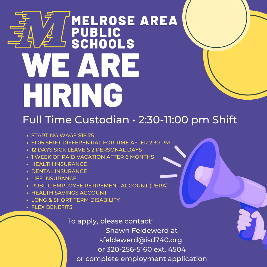 We are hiring purple background, yellow circles, moving M and a megaphone