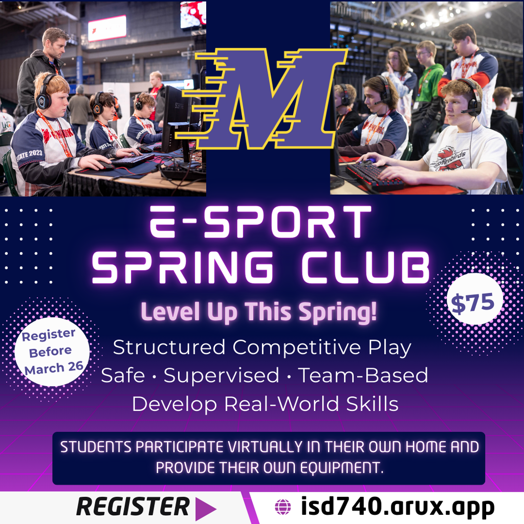 Kids in 2 pictures facing each other with headsets and keyboards playing video games with coaches watching in the background