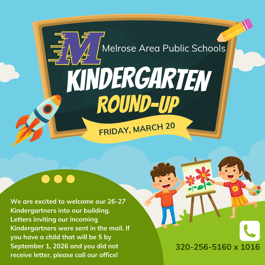 two kids by and artist easel painting a picture with green grass and clouds. Blackboard list information for Kindergarten round up. 