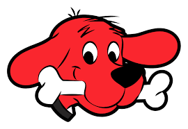 Clifford the big red dog head with a bone in its mouth