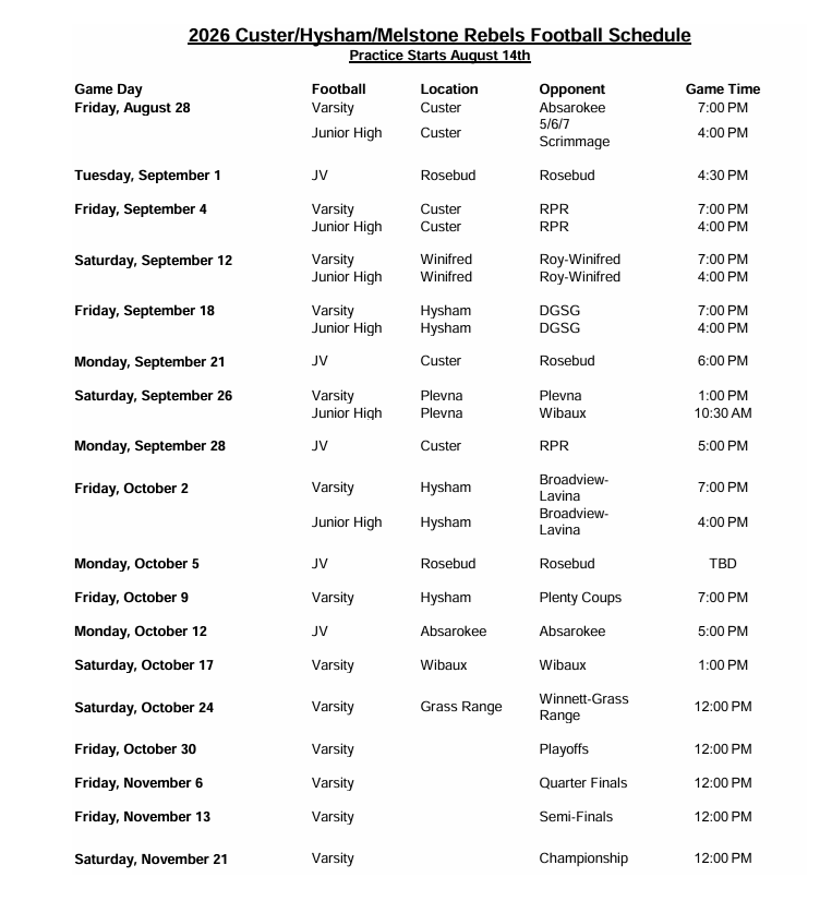 2026 Custer/Hysham/Melstone Rebels Football Schedule				 Practice Starts August 14th				 				 Game Day	Football	Location	Opponent	Game Time Friday, August 28	Varsity	Custer	Absarokee	7:00 PM 	Junior High	Custer	5/6/7 Scrimmage	4:00 PM 				 Tuesday, September 1	JV	Rosebud	Rosebud	4:30 PM 				 Friday, September 4	Varsity	Custer	RPR	7:00 PM 	Junior High	Custer	RPR	4:00 PM 				 Saturday, September 12	Varsity	Winifred	Roy-Winifred	7:00 PM 	Junior High	Winifred	Roy-Winifred	4:00 PM 				 Friday, September 18	Varsity	Hysham	DGSG	7:00 PM 	Junior High	Hysham	DGSG	4:00 PM 				 Monday, September 21	JV	Custer	Rosebud	6:00 PM 				 Saturday, September 26	Varsity	Plevna	Plevna	1:00 PM 	Junior High	Plevna	Wibaux	10:30 AM 				 Monday, September 28	JV	Custer	RPR	5:00 PM 				 Friday, October 2	Varsity	Hysham	Broadview-Lavina	7:00 PM 	Junior High	Hysham	Broadview-Lavina	4:00 PM 				 Monday, October 5	JV	Rosebud	Rosebud	TBD 				 Friday, October 9	Varsity	Hysham	Plenty Coups	7:00 PM 				 Monday, October 12	JV	Absarokee	Absarokee	5:00 PM 				 Saturday, October 17	Varsity	Wibaux	Wibaux	1:00 PM 				 Saturday, October 24	Varsity	Grass Range	Winnett-Grass Range	12:00 PM 				 Friday, October 30	Varsity		Playoffs	12:00 PM 				 Friday, November 6	Varsity		Quarter Finals	12:00 PM 				 Friday, November 13	Varsity		Semi-Finals	12:00 PM 				 Saturday, November 21	Varsity		Championship	12:00 PM