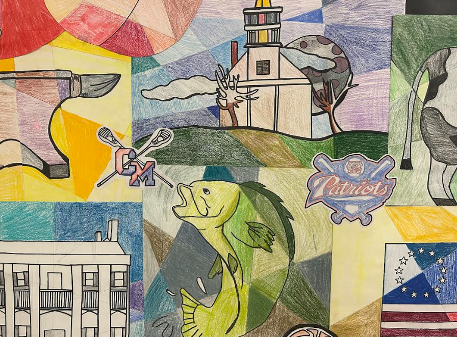 image with school logos, fish jumping, school house, cow, flag