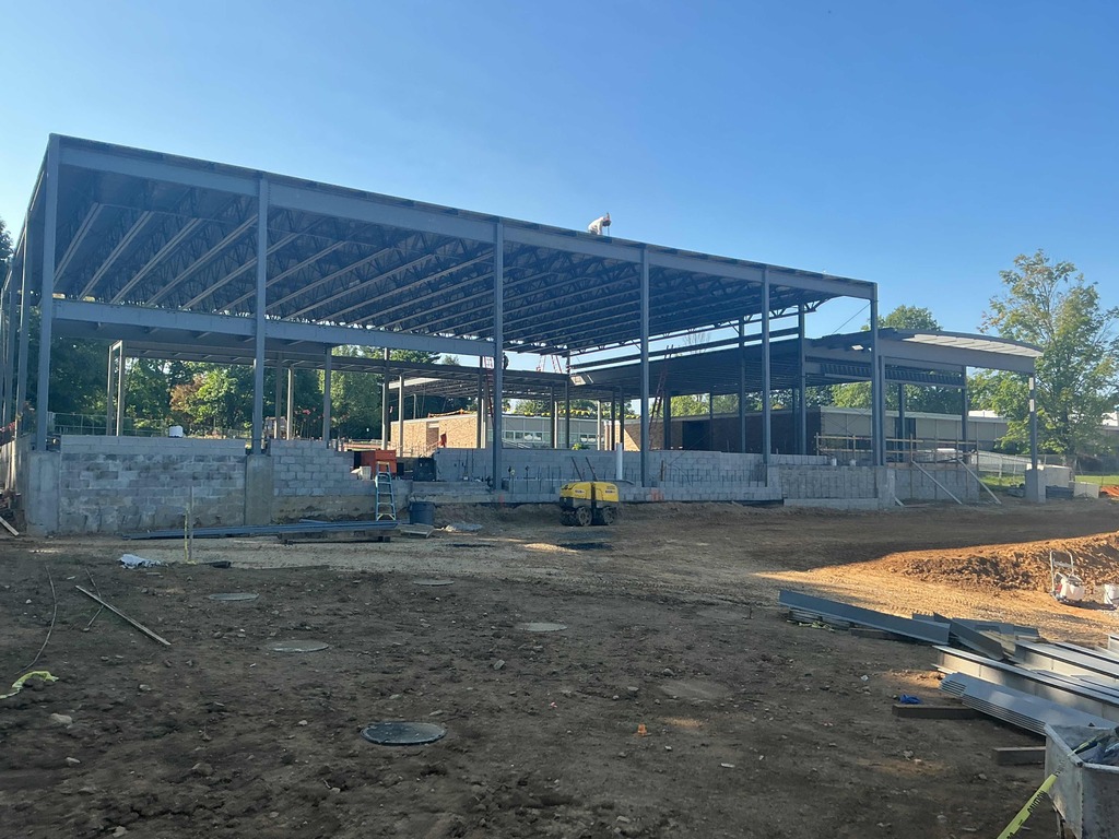 Performance Center Construction Site with steel beams erected - front view
