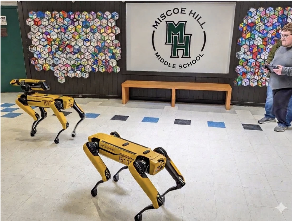 Boston Dynamics visited Miscoe Hill Middle School on March 6, bringing robots including Atlas, Spot and Stretch. (Photo Courtesy Mendon-Upton Regional School District)