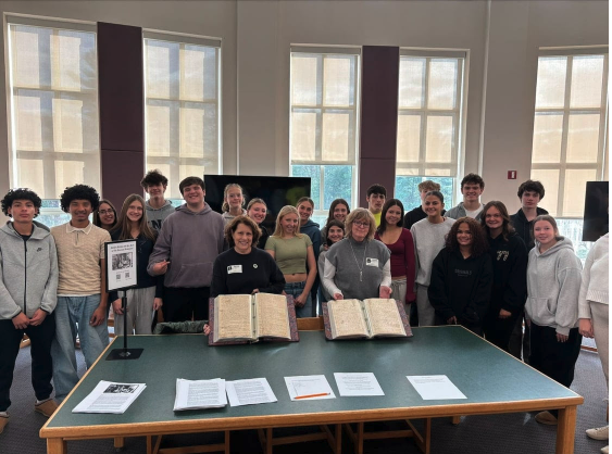 The Nipmuc Regional High School Social Studies Department welcomed the Mendon and Upton Town Clerks on Nov. 17 to show students the towns' handwritten copies of the Declaration of Independence. (Photo Courtesy Mendon-Upton Regional School District)