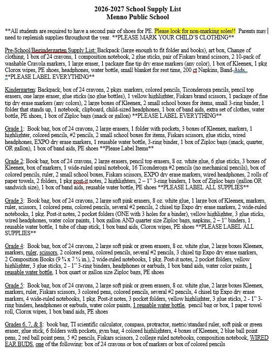 School Supply List
