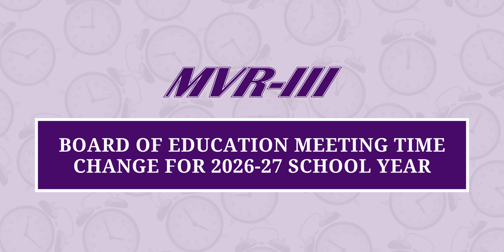 Board of Education meeting time change with MVR-III logo.
