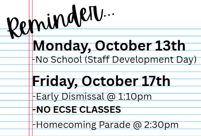 No School Monday, October 13th.