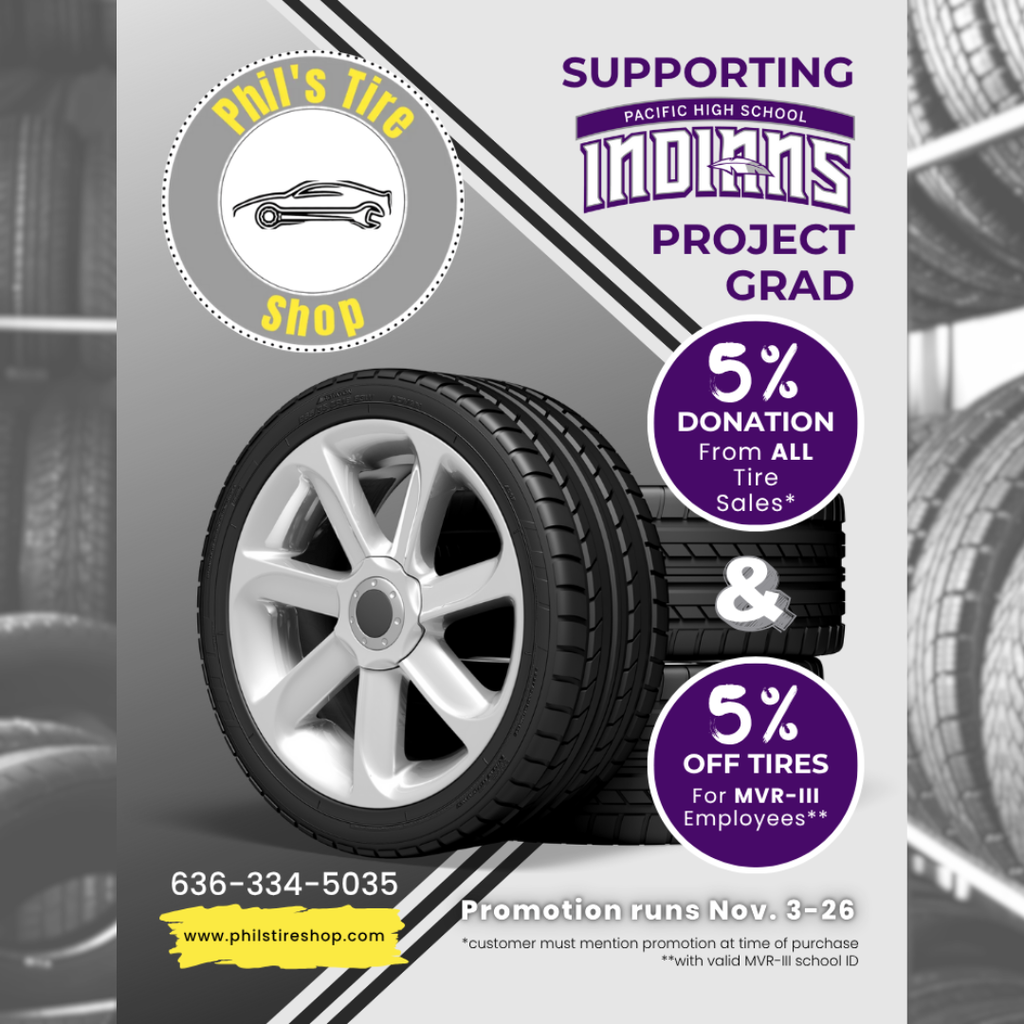 Graphic shows a tire promotion for Pacific High School graduates and MVR-III employees