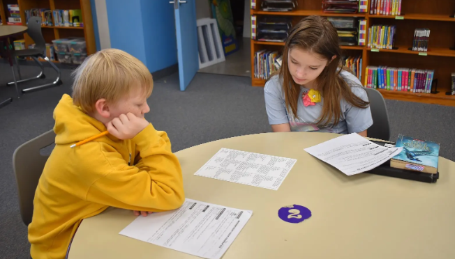 Photo shows students in the Pacific Intermediate library learning nonfiction text features 