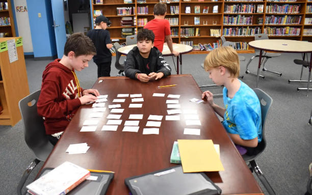 Photo shows students in the Pacific Intermediate library learning nonfiction text features 