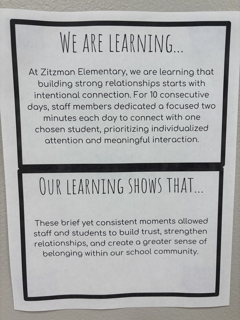 Photo shows that staff members at Zitzman Elementary committed two focused minutes each day to connect with a student