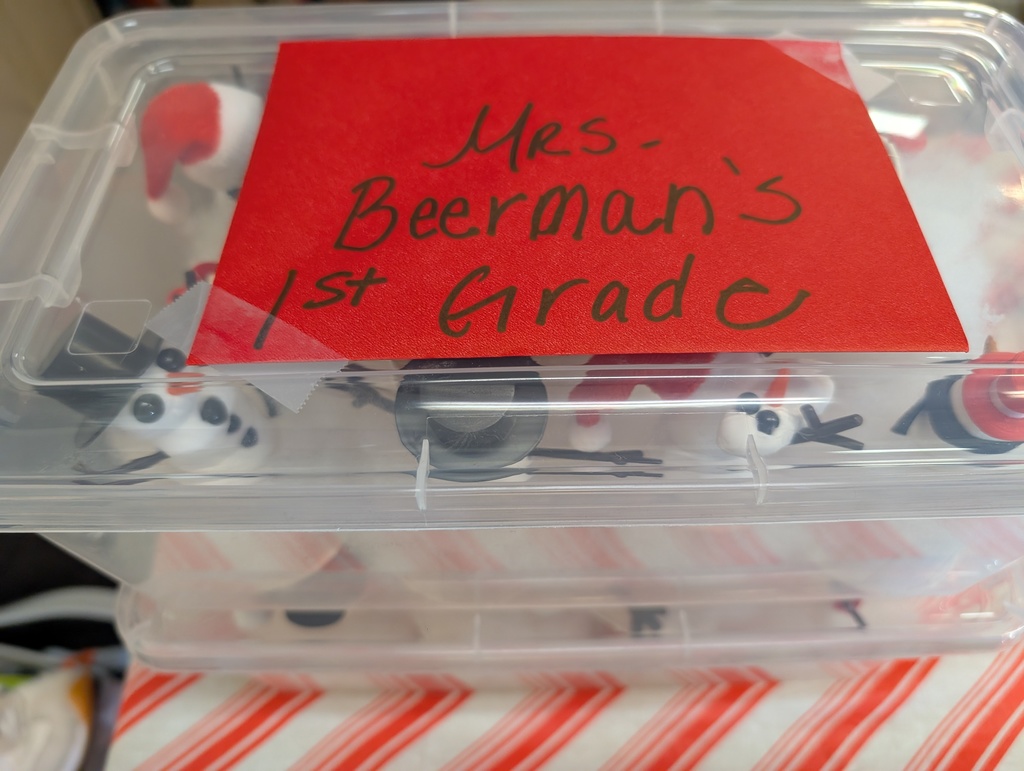 The photo shows the Pacific Intermediate 6th grade JAG Club's snowmen buddies that were shared with Mrs. Beerman's 1st grade class