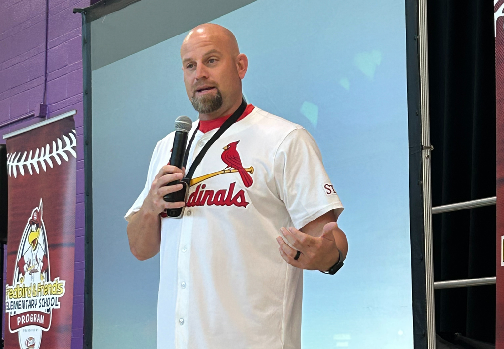 Fredbird Assembly featuring former St. Louis Cardinals pitcher Kyle McClellan and Fredbird.