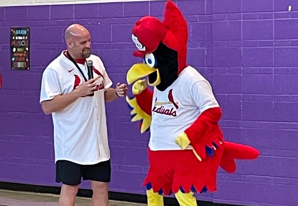 Fredbird Assembly featuring former St. Louis Cardinals pitcher Kyle McClellan and Fredbird.