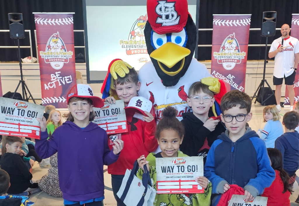 Fredbird Assembly featuring former St. Louis Cardinals pitcher Kyle McClellan and Fredbird.
