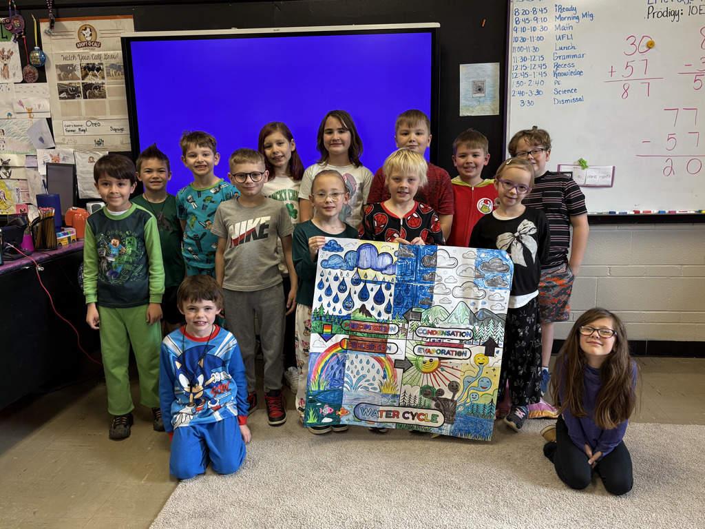 Students working on a collaborative water cycle poster.