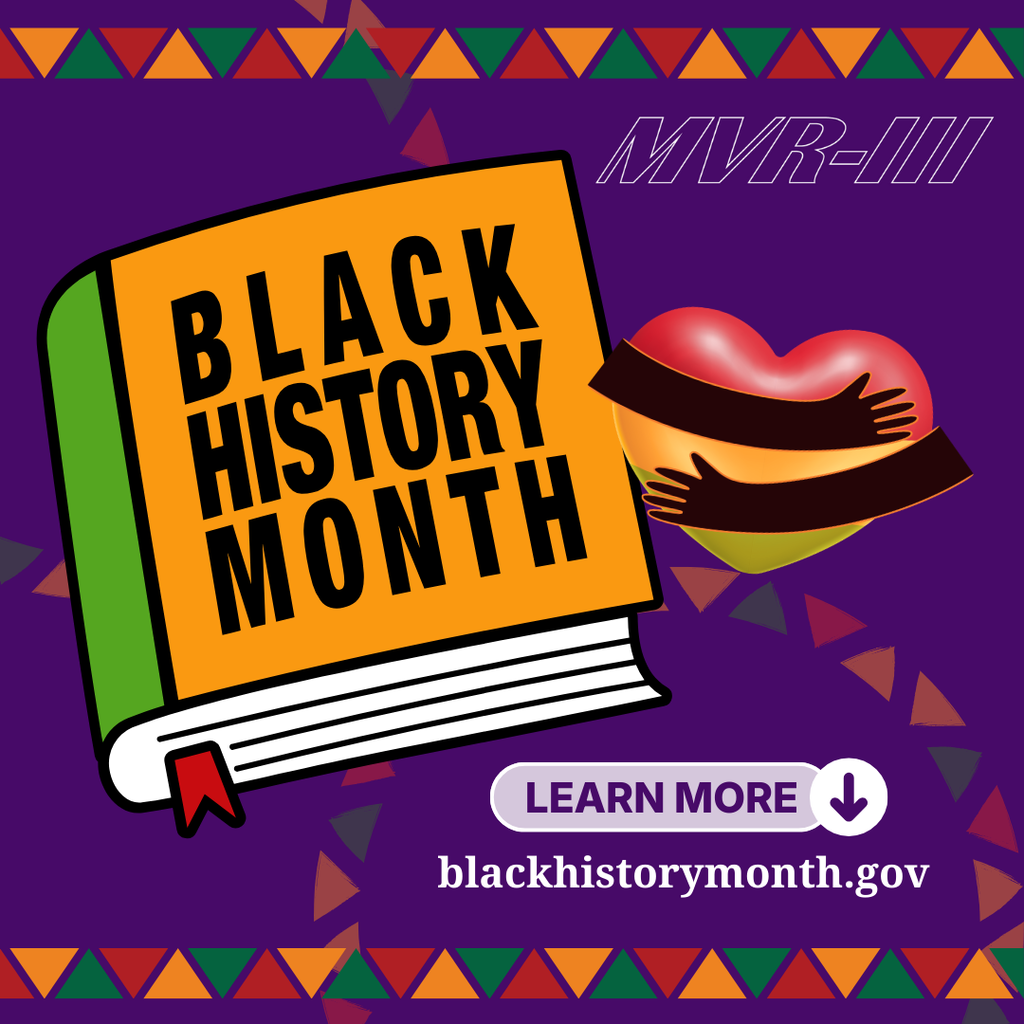 Black History Month with book icon titled “Black History Month,” heart hugged by arms, and link to blackhistorymonth.gov on purple background.