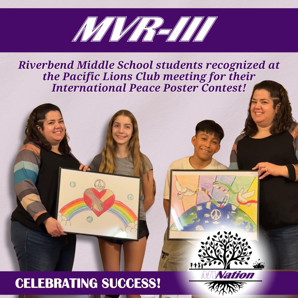 Students and adults pose with framed peace posters under purple “MVR-III” celebration banner.
