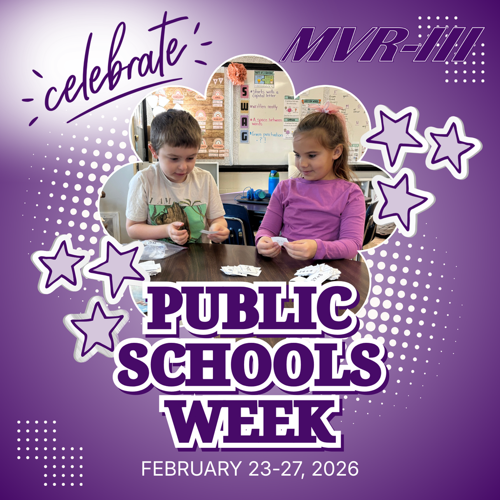 Two young students sort paper slips at a classroom table, framed by purple “Public Schools Week” and stars.