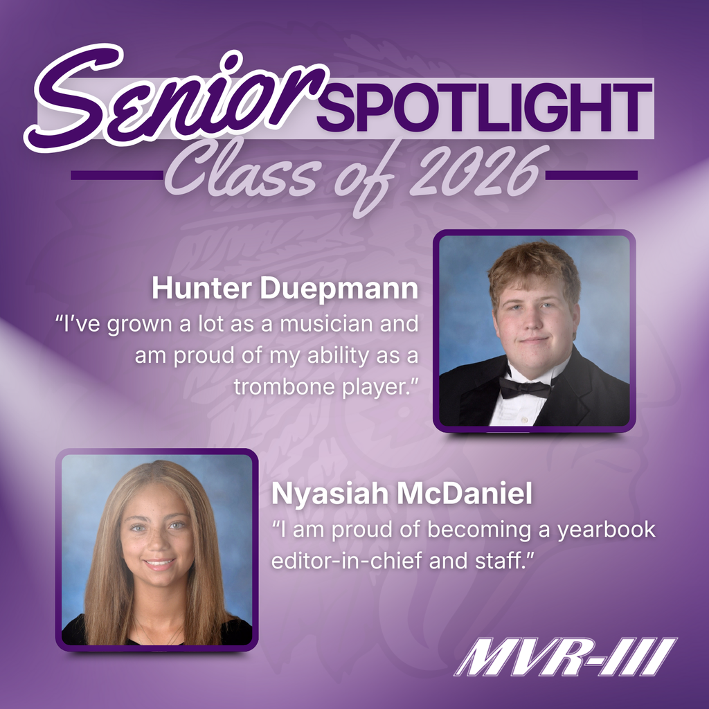 “Senior Spotlight” for Class of 2026 featuring portraits of two students with quotes and school branding.