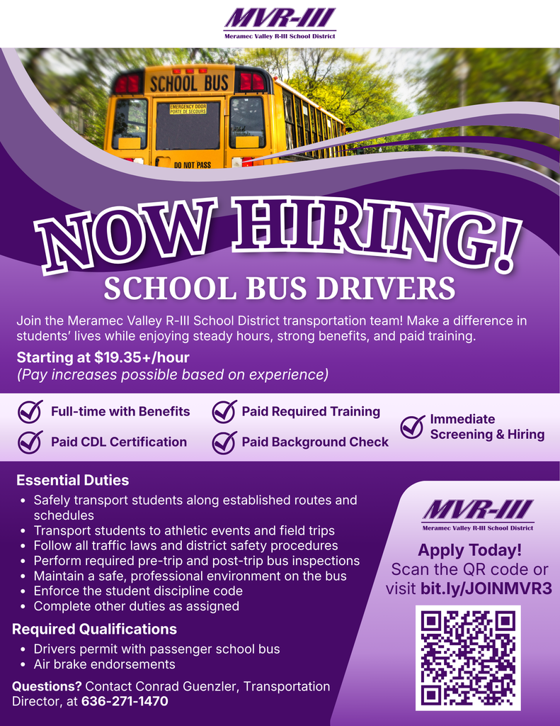Now Hiring for school bus drivers at Meramec Valley R-III School District, starting at $19.35/hour with benefits and paid training.