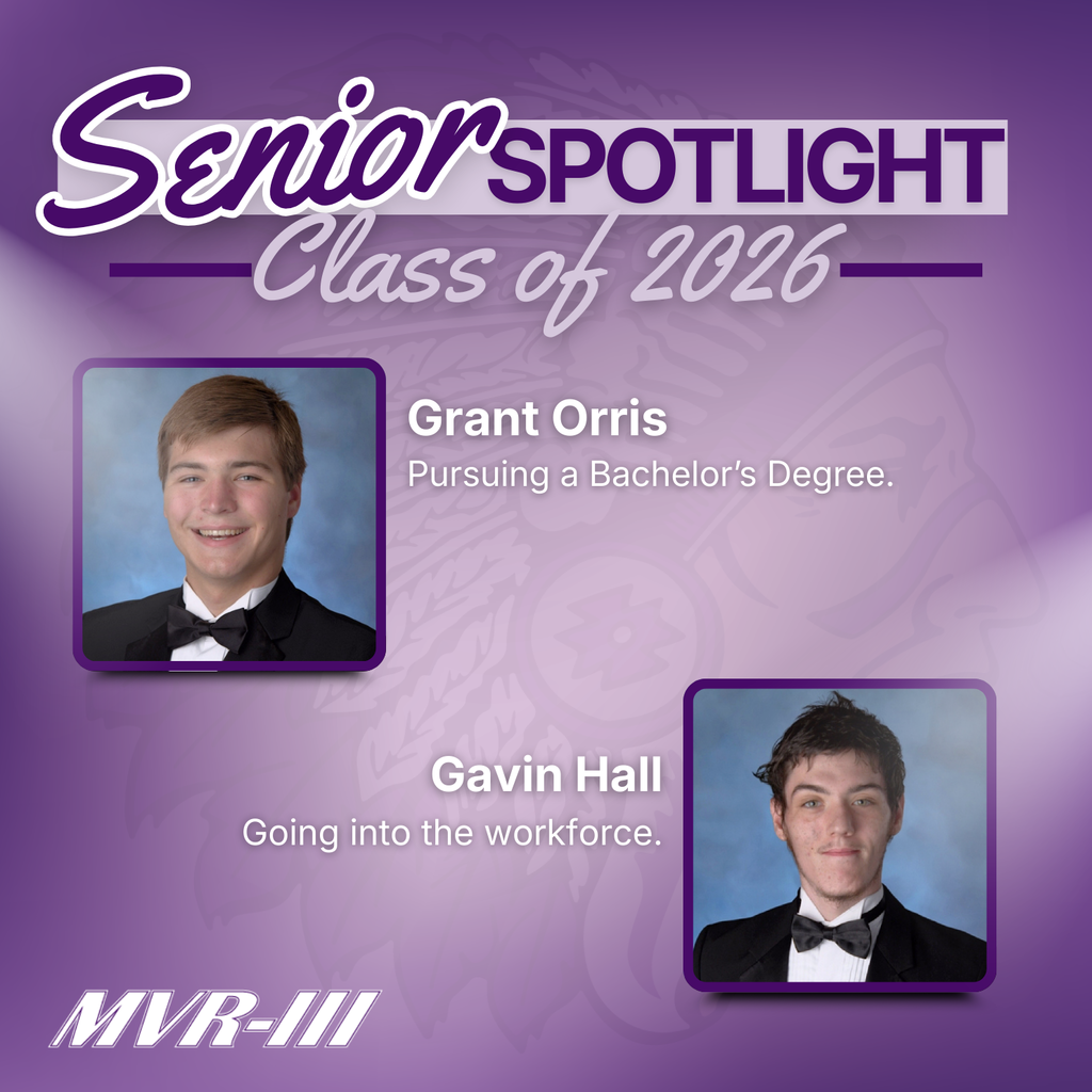 Senior Spotlight Class of 2026 featuring portraits of Grant Orris and Gavin Hall.