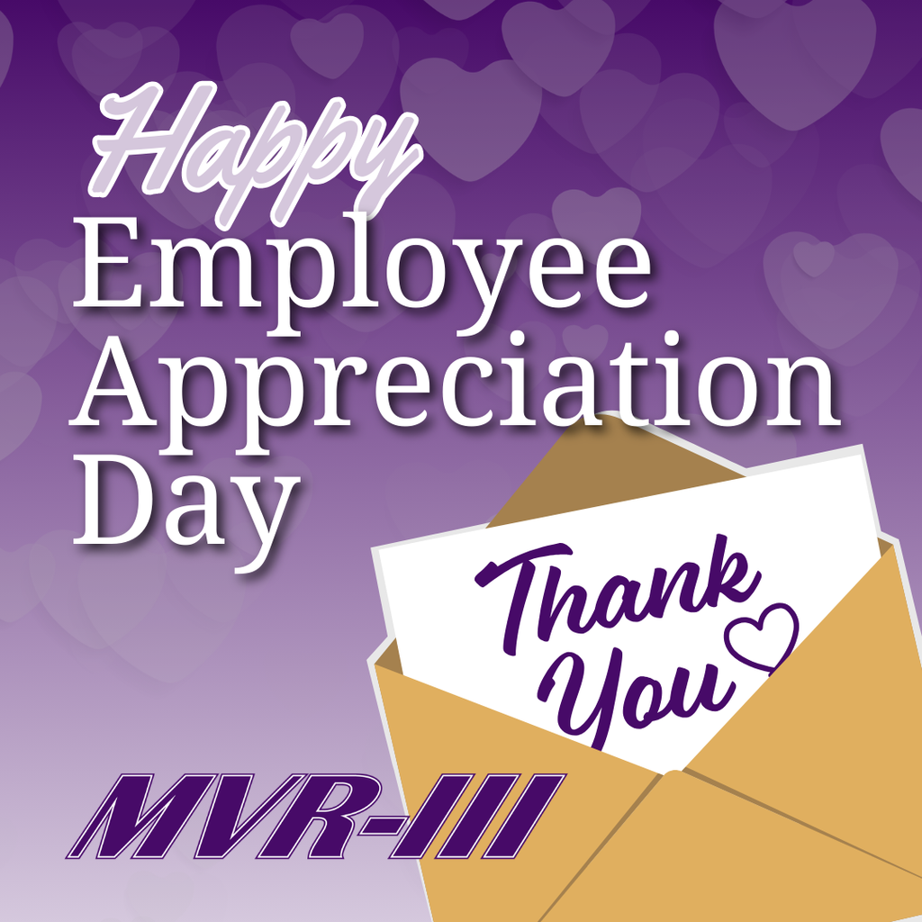 Happy Employee Appreciation Day with purple heart background and envelope holding a “Thank You” card, plus MVR-III logo.